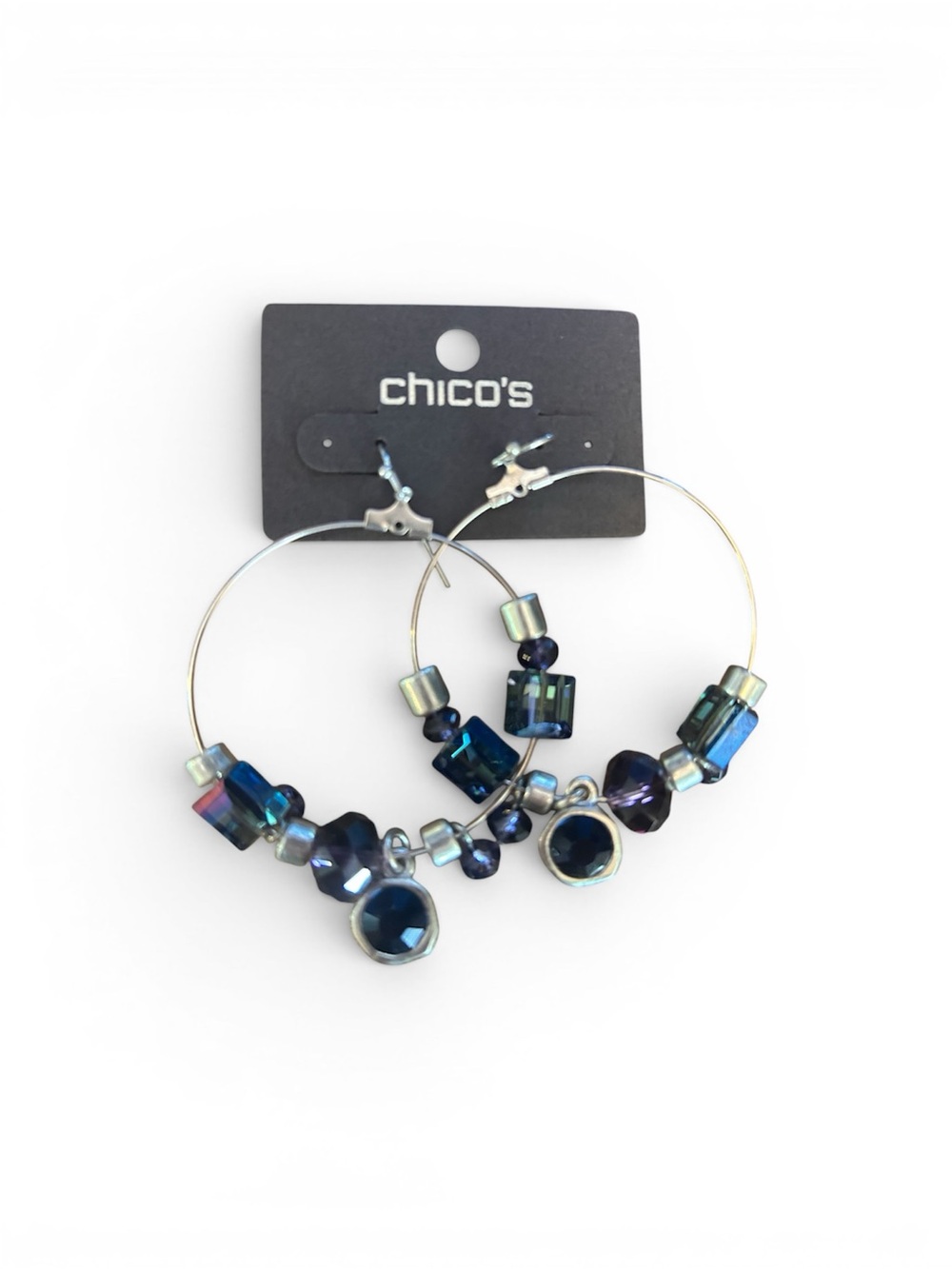 Chico's Iridescent Navy and Teal Beaded Hoop Earrings